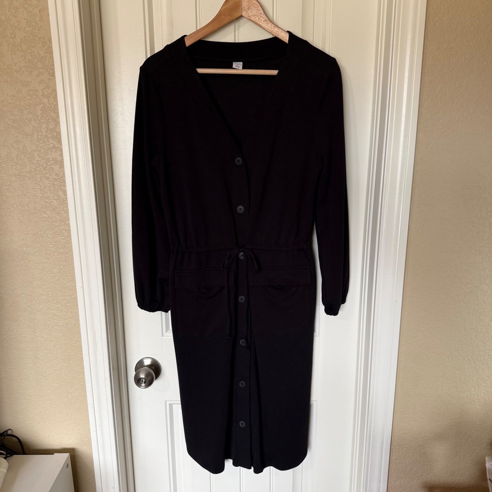 Old‎ Navy Button Front Midi Dress Womens Medium Black Excellent Drawstring Waist - Picture 2 of 7
